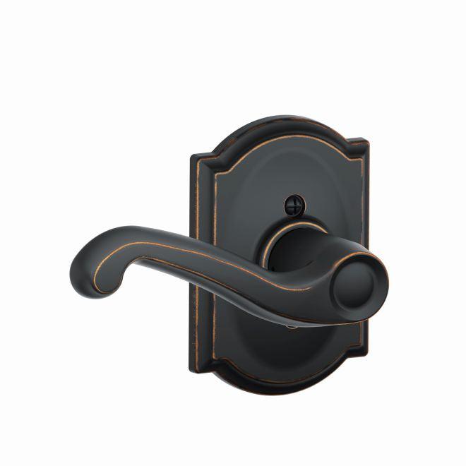 Schlage Left Hand Flair Lever With Camelot Rosette Half Dummy in Aged Bronze finish