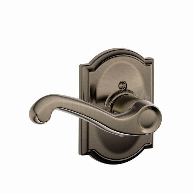 Schlage Left Hand Flair Lever With Camelot Rosette Half Dummy in Antique Pewter finish