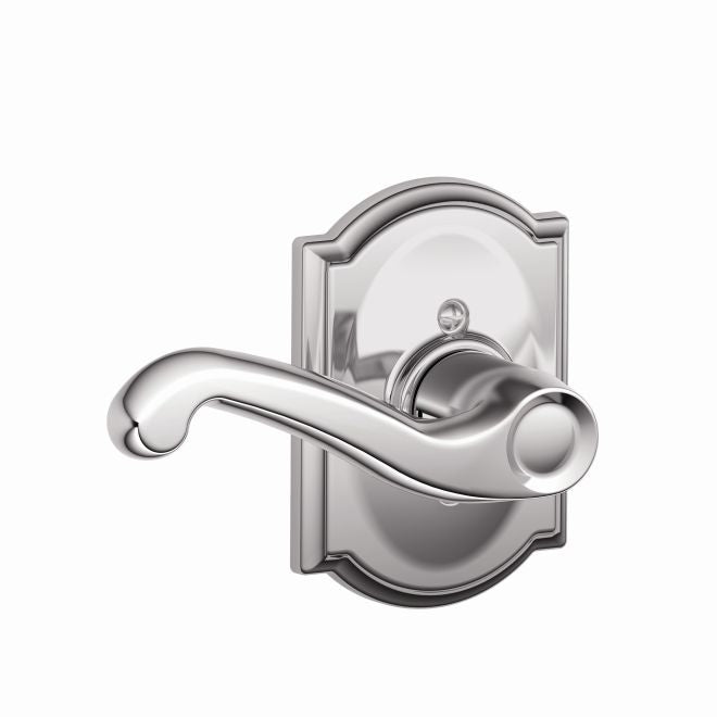 Schlage Left Hand Flair Lever With Camelot Rosette Half Dummy in Bright Chrome finish