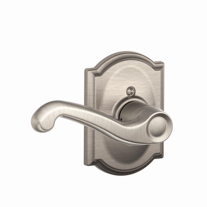 Schlage Left Hand Flair Lever With Camelot Rosette Half Dummy in Satin Nickel finish