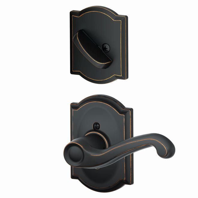 Schlage Left Hand Flair Lever With Camelot Rosette Interior Active Trim - Exterior Handleset Sold Separately in Aged Bronze finish