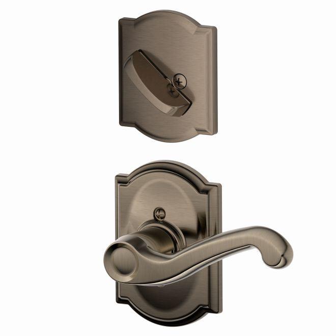 Schlage Left Hand Flair Lever With Camelot Rosette Interior Active Trim - Exterior Handleset Sold Separately in Antique Pewter finish