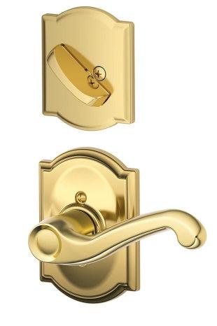 Schlage Left Hand Flair Lever With Camelot Rosette Interior Active Trim - Exterior Handleset Sold Separately in Bright Brass finish