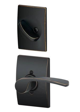 Schlage Left Hand Merano Lever With Century Rosette Interior Active Trim - Exterior Handleset Sold Separately in Aged Bronze finish