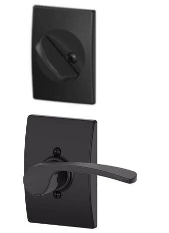 Schlage Left Hand Merano Lever With Century Rosette Interior Active Trim - Exterior Handleset Sold Separately in Flat Black finish