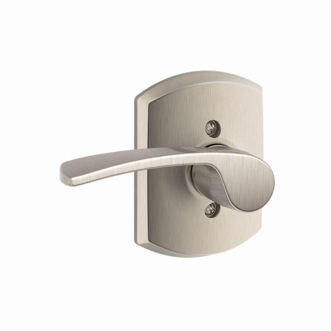 Schlage Left Hand Merano Lever With Greenwich Rosette Half Dummy in Satin Nickel finish