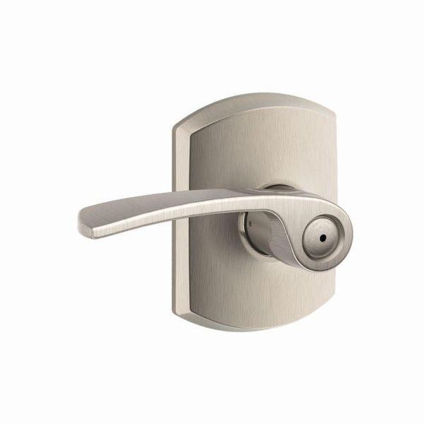 Schlage Merano Privacy Lever With Greenwich Rosette in Satin Nickel finish