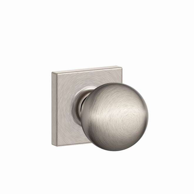 Schlage Orbit Passage Knob With Collins Rosette in Satin Nickel finish