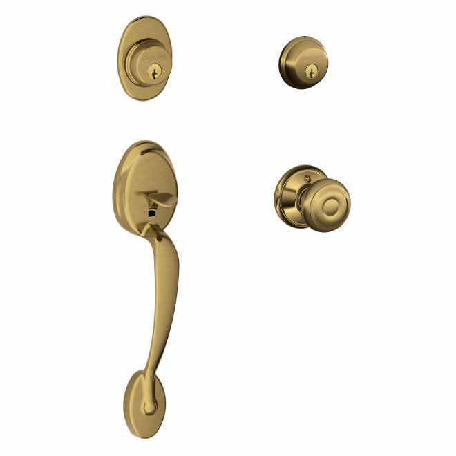 Schlage Plymouth Double Cylinder Handleset With Georgian Knob in Antique Brass finish