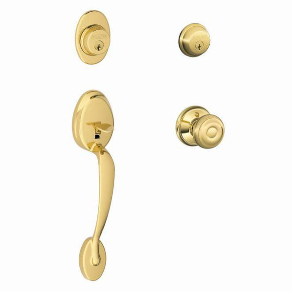 Schlage Plymouth Double Cylinder Handleset With Georgian Knob in Lifetime Brass finish