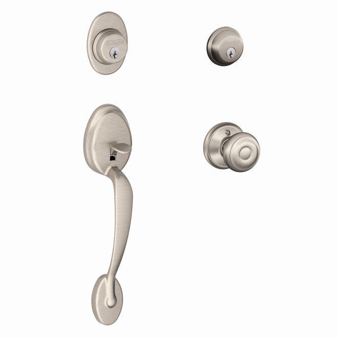 Schlage Plymouth Double Cylinder Handleset With Georgian Knob in Satin Nickel finish