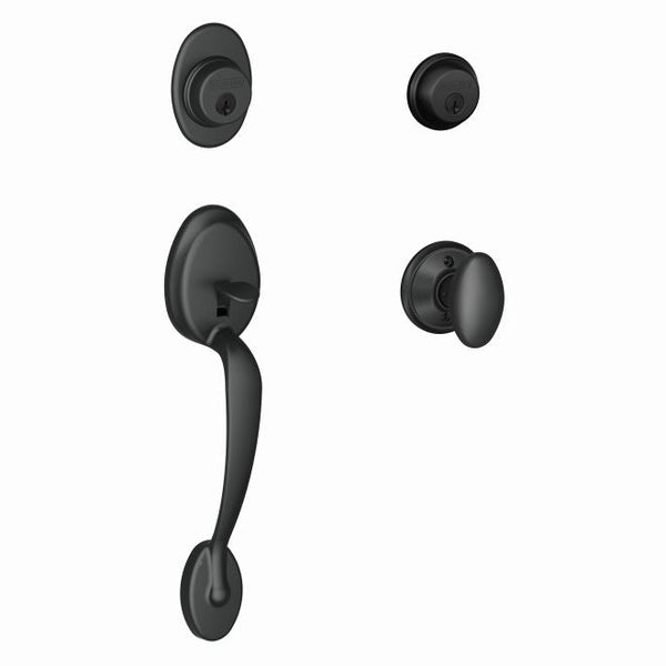 Schlage Plymouth Double Cylinder Handleset With Siena Knob in Flat Black finish