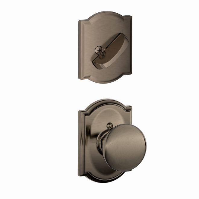 Schlage Plymouth Knob With Camelot Rosette Interior Active Trim - Exterior Handleset Sold Separately in Antique Pewter finish