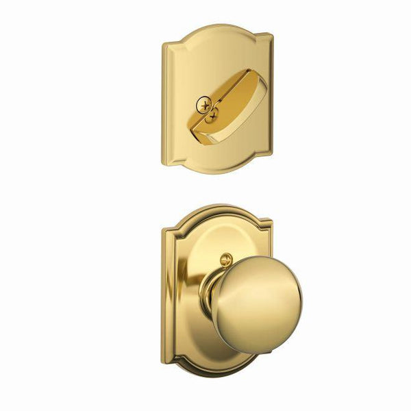 Schlage Plymouth Knob With Camelot Rosette Interior Active Trim - Exterior Handleset Sold Separately in Bright Brass finish