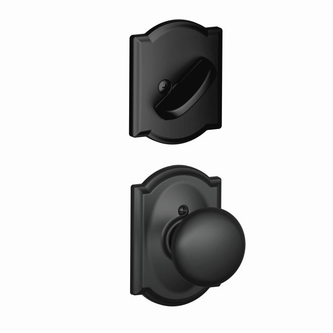 Schlage Plymouth Knob With Camelot Rosette Interior Active Trim - Exterior Handleset Sold Separately in Flat Black finish