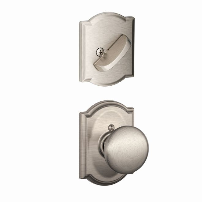 Schlage Plymouth Knob With Camelot Rosette Interior Active Trim - Exterior Handleset Sold Separately in Satin Nickel finish