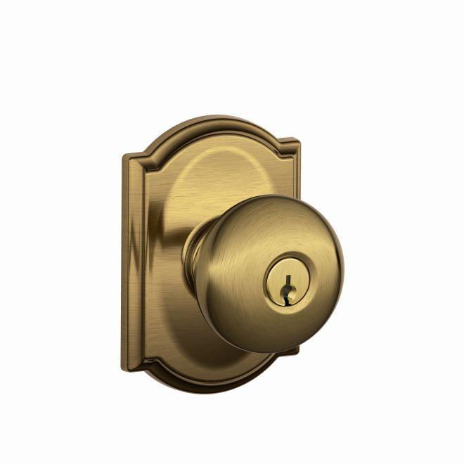Schlage Plymouth Knob With Camelot Rosette Keyed Entry Lock in Antique Brass finish