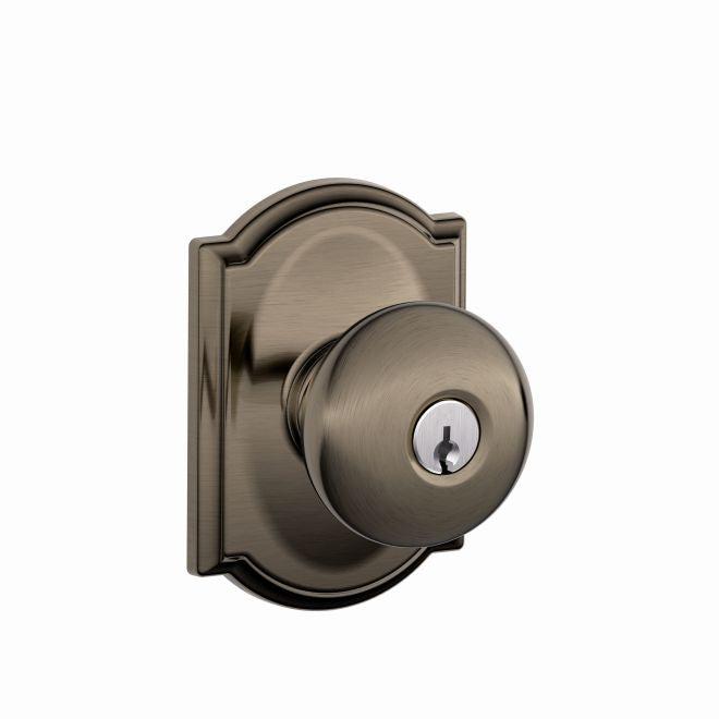 Schlage Plymouth Knob With Camelot Rosette Keyed Entry Lock in Antique Pewter finish