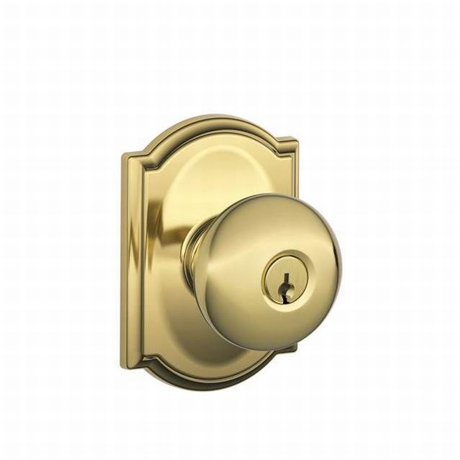 Schlage Plymouth Knob With Camelot Rosette Keyed Entry Lock in Bright Brass finish