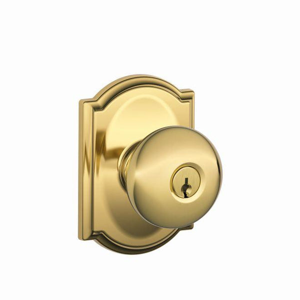 Schlage Plymouth Knob With Camelot Rosette Keyed Entry Lock in Lifetime Brass finish