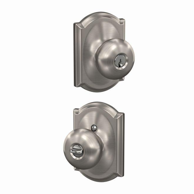 Schlage Plymouth Knob With Camelot Rosette Keyed Entry Lock in Satin Nickel finish