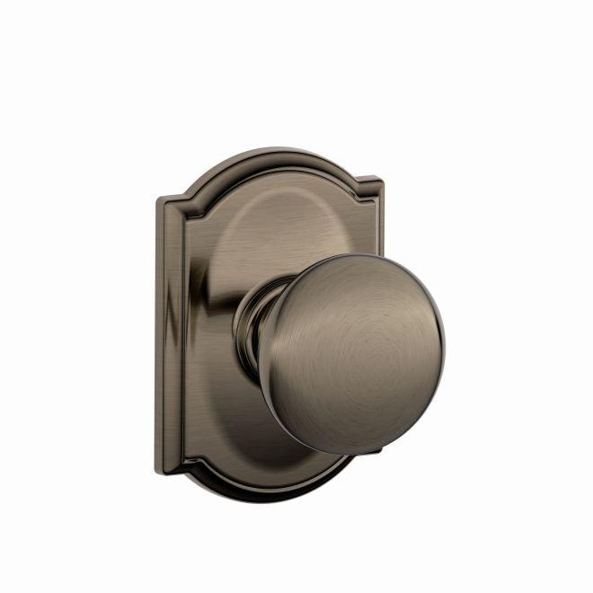 Schlage Plymouth Passage Knob With Camelot Rosette in Antique Pewter finish