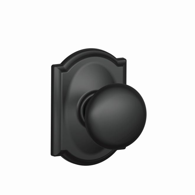 Schlage Plymouth Passage Knob With Camelot Rosette in Flat Black finish