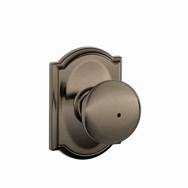 Schlage Plymouth Privacy Knob With Camelot Rosette in Antique Pewter finish