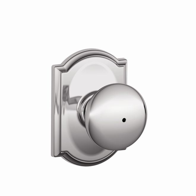 Schlage Plymouth Privacy Knob With Camelot Rosette in Bright Chrome finish