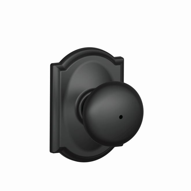 Schlage Plymouth Privacy Knob With Camelot Rosette in Flat Black finish