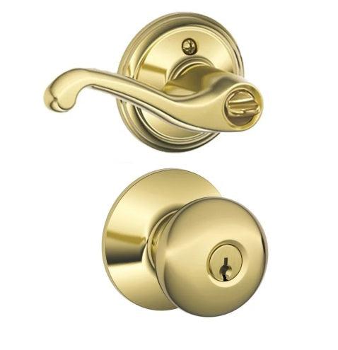 Schlage Plymouth Right handed Single Cylinder Keyed Entry Door Knob Exterior with Flair Lever Interior in Bright Brass finish