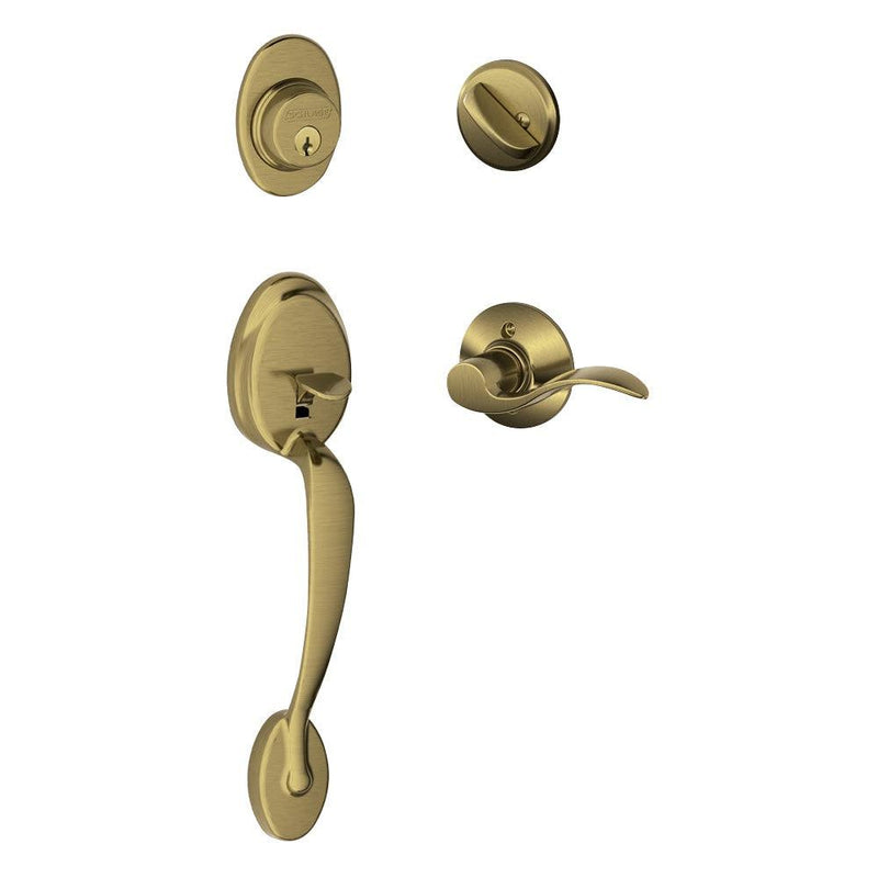 Schlage Plymouth Single Cylinder Handleset with Left Handed Accent Lever in Antique Brass finish
