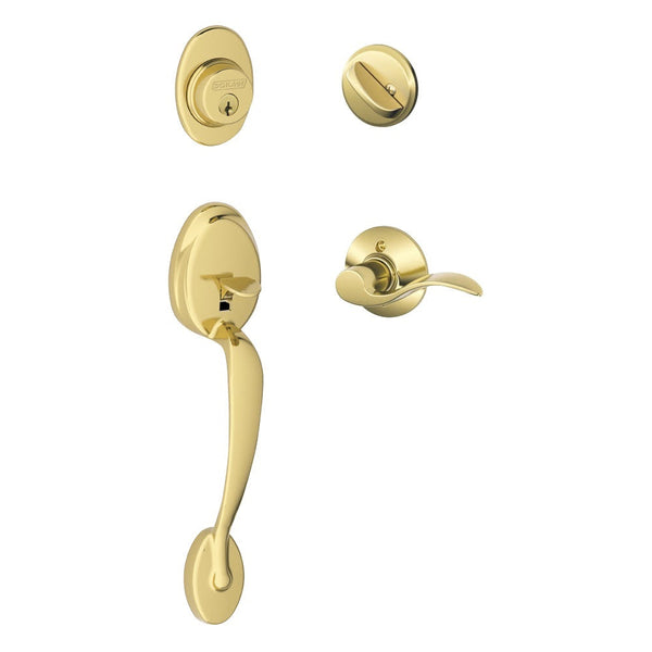 Schlage Plymouth Single Cylinder Handleset with Left Handed Accent Lever in Lifetime Brass finish