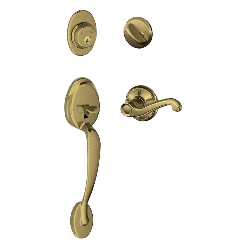 Schlage Plymouth Single Cylinder Handleset with Left Handed Flair Lever in Antique Brass finish