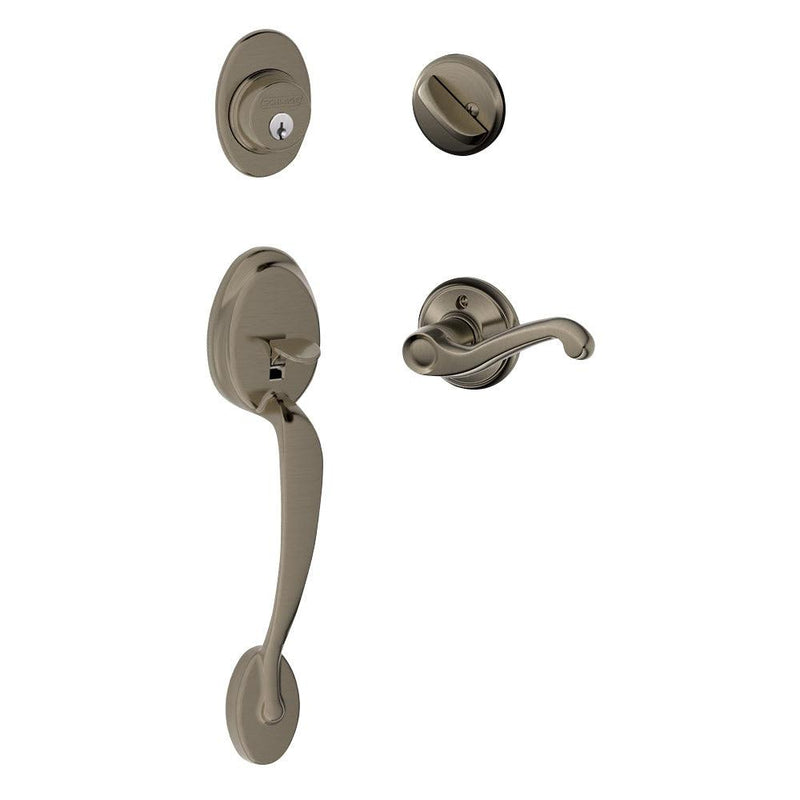 Schlage Plymouth Single Cylinder Handleset with Left Handed Flair Lever in Antique Pewter finish