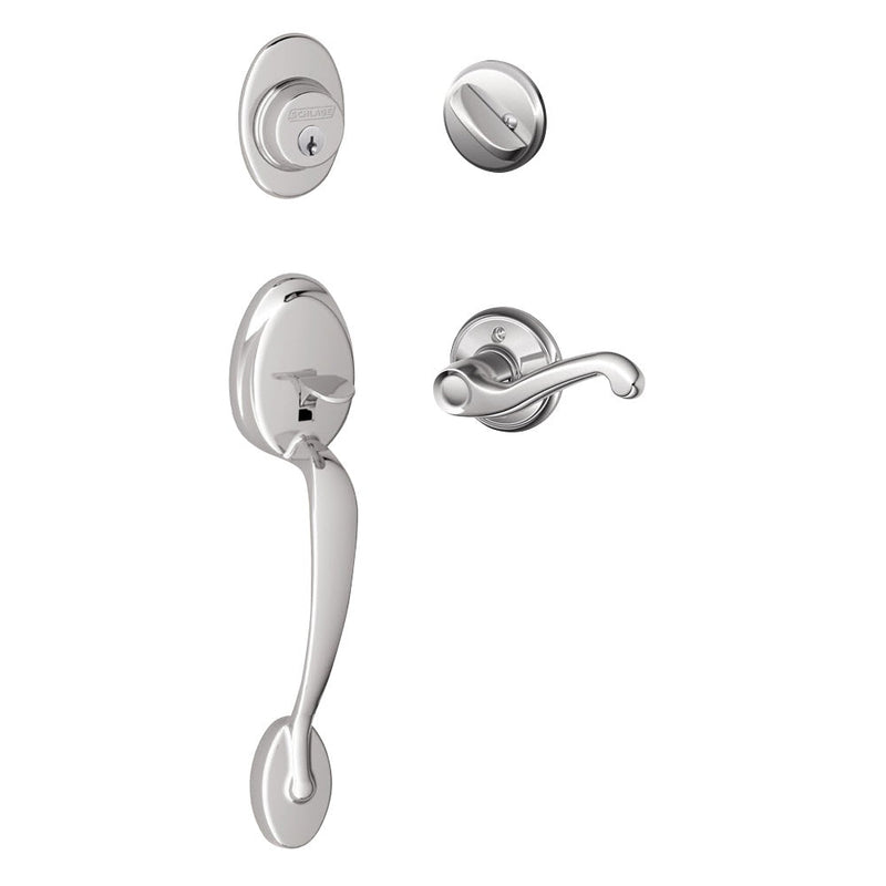 Schlage Plymouth Single Cylinder Handleset with Left Handed Flair Lever in Bright Chrome finish