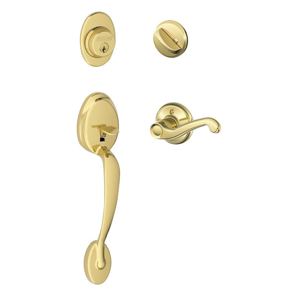 Schlage Plymouth Single Cylinder Handleset with Left Handed Flair Lever in Lifetime Brass finish