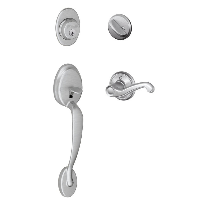 Schlage Plymouth Single Cylinder Handleset with Left Handed Flair Lever in Satin Chrome finish