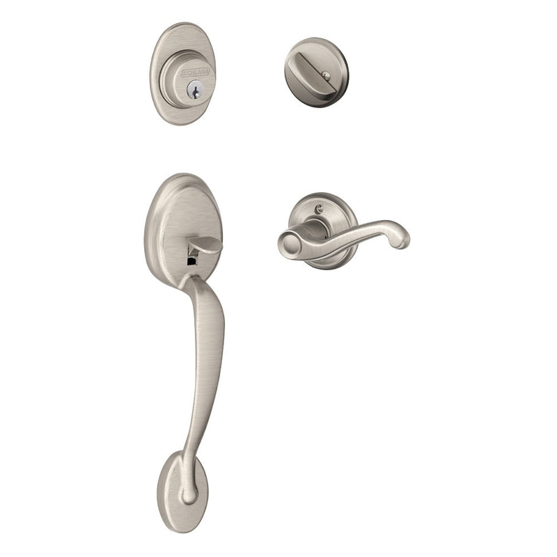 Schlage Plymouth Single Cylinder Handleset with Left Handed Flair Lever in Satin Nickel finish