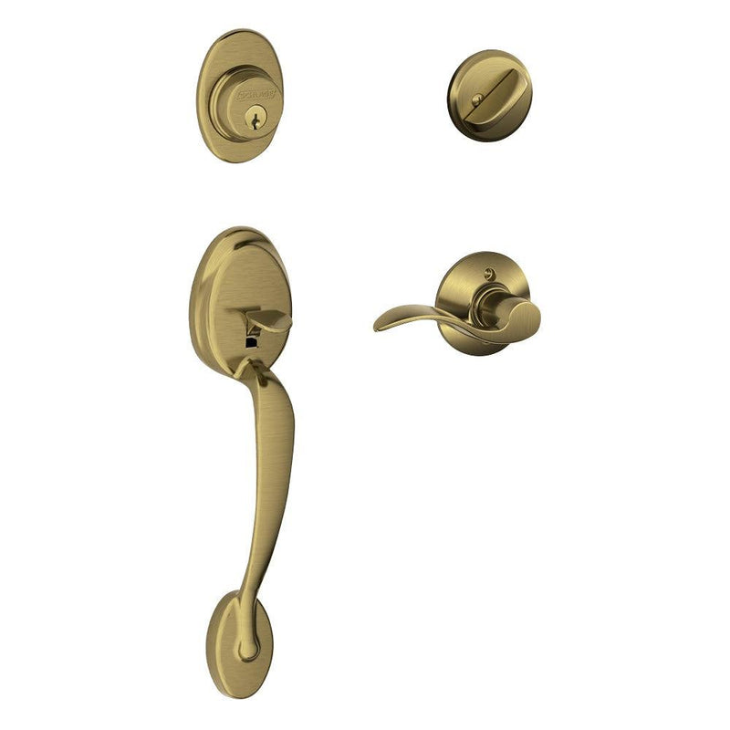 Schlage Plymouth Single Cylinder Handleset with Right Handed Accent Lever in Antique Brass finish