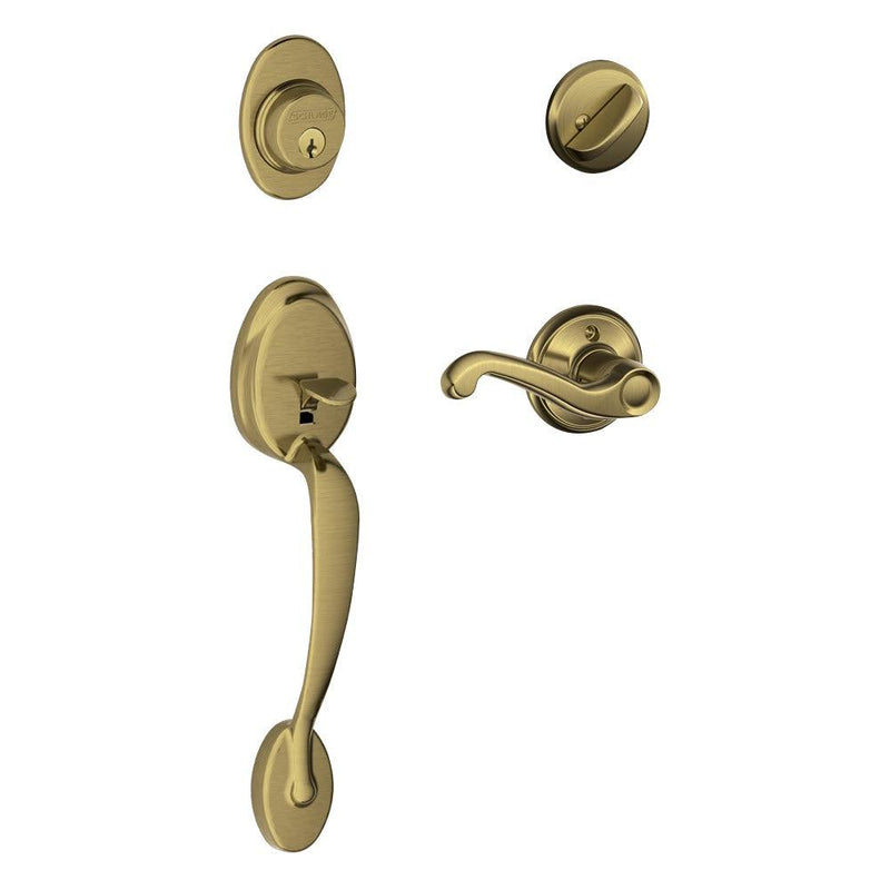 Schlage Plymouth Single Cylinder Handleset with Right Handed Flair Lever in Antique Brass finish