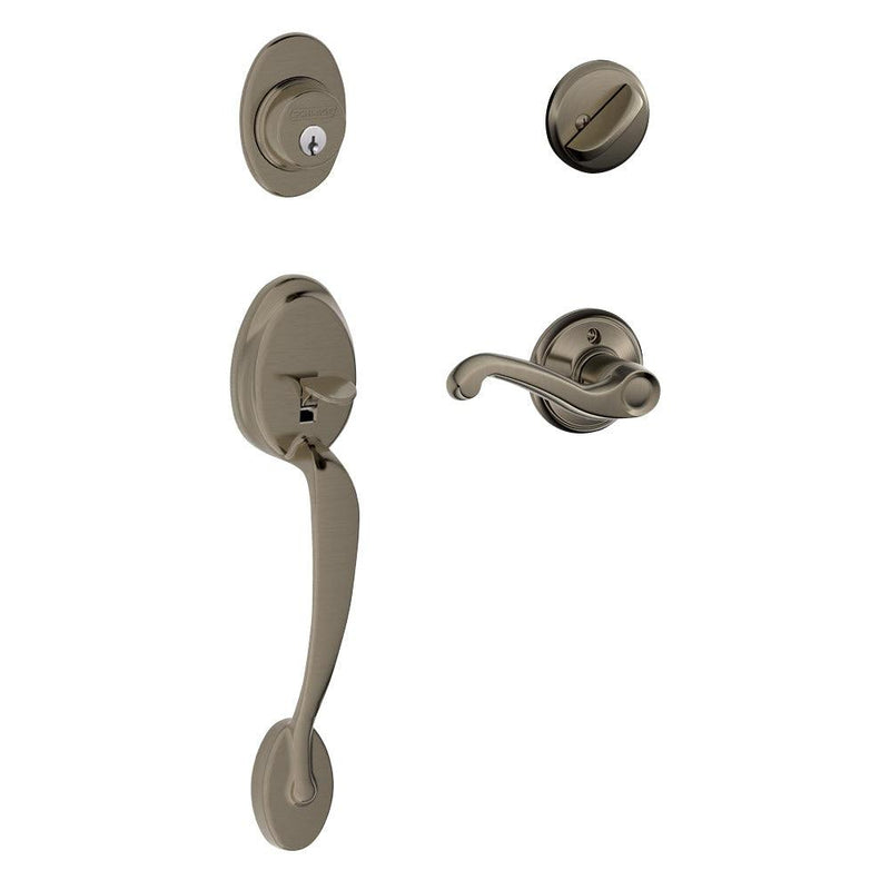 Schlage Plymouth Single Cylinder Handleset with Right Handed Flair Lever in Antique Pewter finish