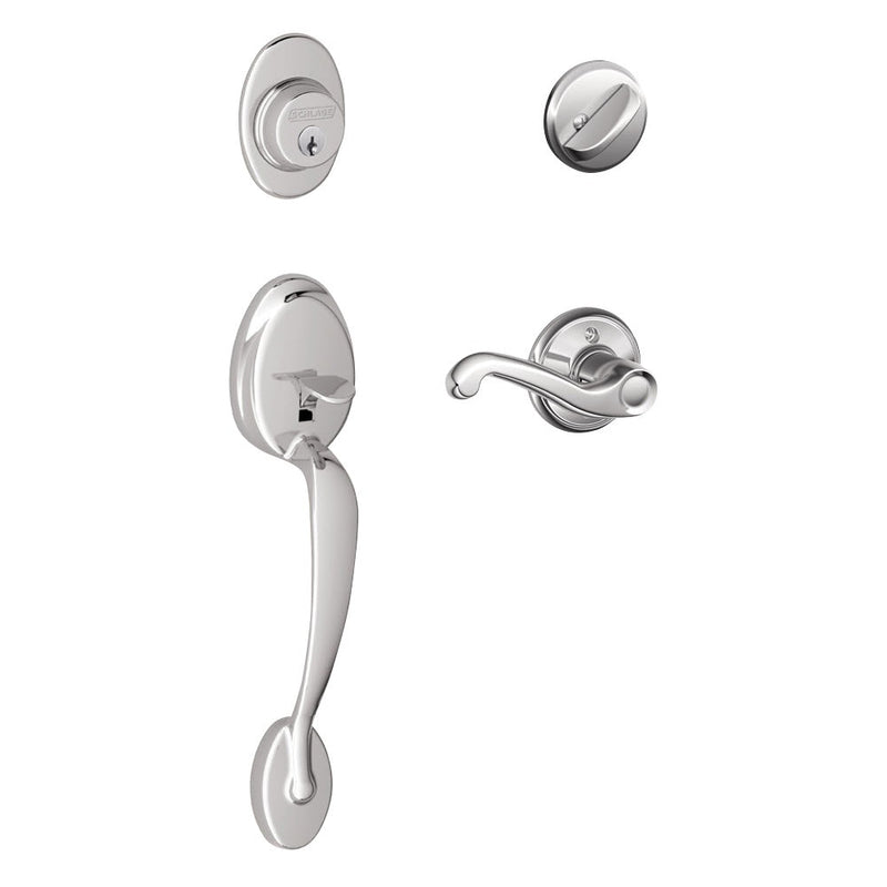 Schlage Plymouth Single Cylinder Handleset with Right Handed Flair Lever in Bright Chrome finish