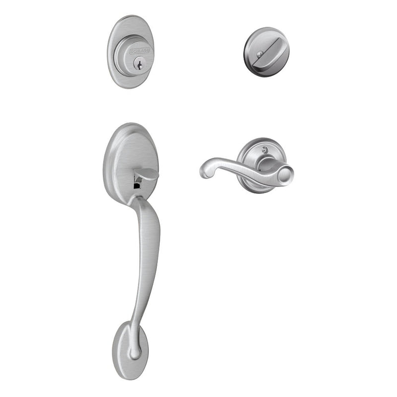 Schlage Plymouth Single Cylinder Handleset with Right Handed Flair Lever in Satin Chrome finish