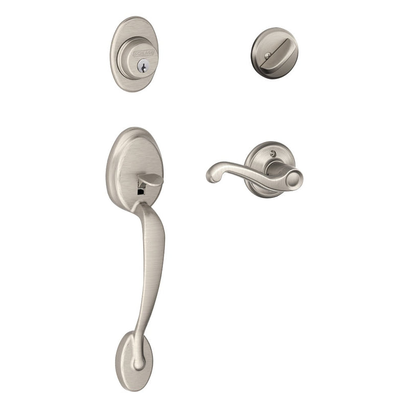 Schlage Plymouth Single Cylinder Handleset with Right Handed Flair Lever in Satin Nickel finish
