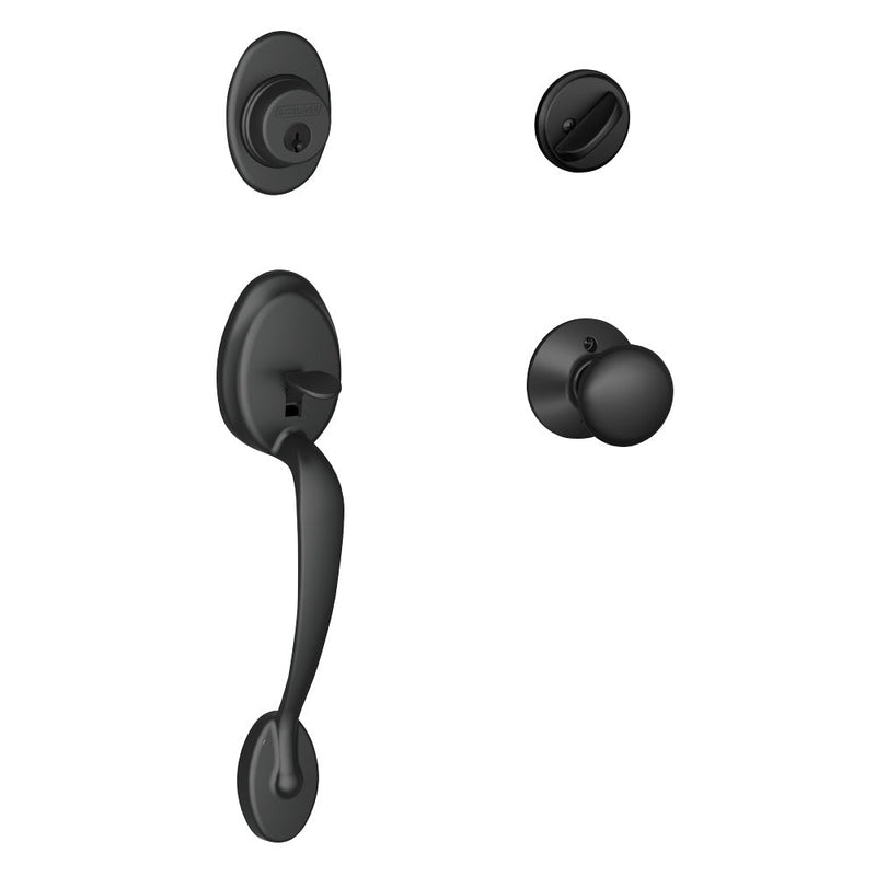 Schlage Plymouth Single Cylinder Handleset with Siena Knob in Flat Black finish