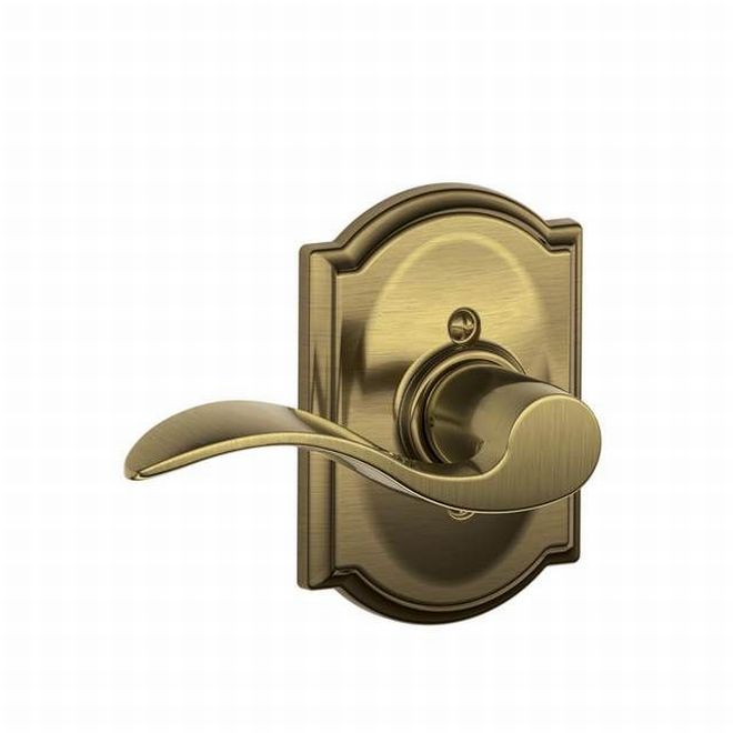 Schlage Right Hand Accent Dummy Lever With Camelot Rosette Interior Trim - Exterior Handleset Sold Separately in Antique Brass finish