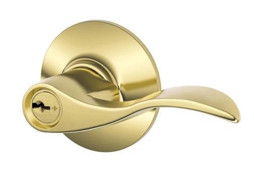 Schlage Right Hand Accent Lever Storeroom Lock in Bright Brass finish