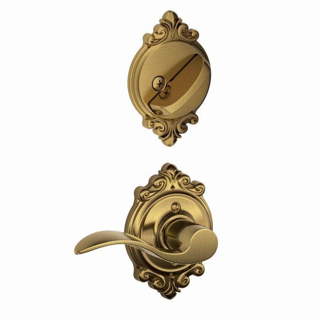 Schlage Right Hand Accent Lever With Brookshire Rosette Interior Active Trim - Exterior Handleset Sold Separately in Antique Brass finish