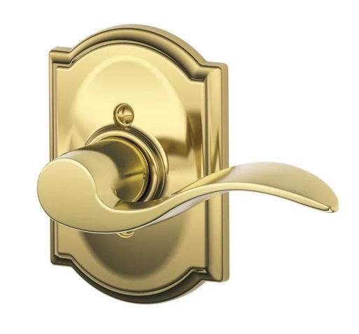 Schlage Right Hand Accent Lever With Camelot Rosette Half Dummy in Bright Brass finish